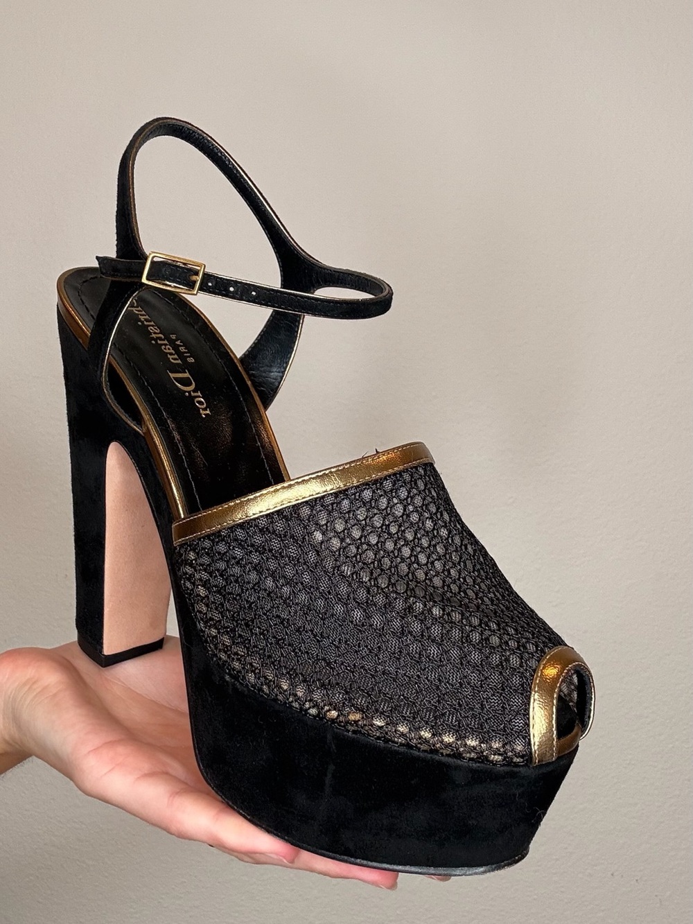 Dior Black and Gold Woven Peep-Toe Platform Heels - Picture 3 of 4